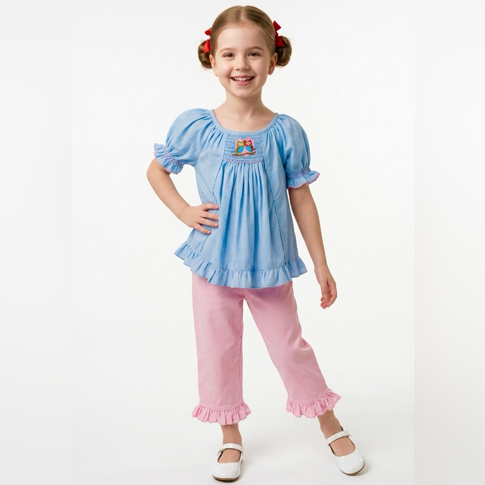 Sprinkled Sweet Boutique 24M 2T Smocked Owls Matching Set Ruffle Pants Tunic